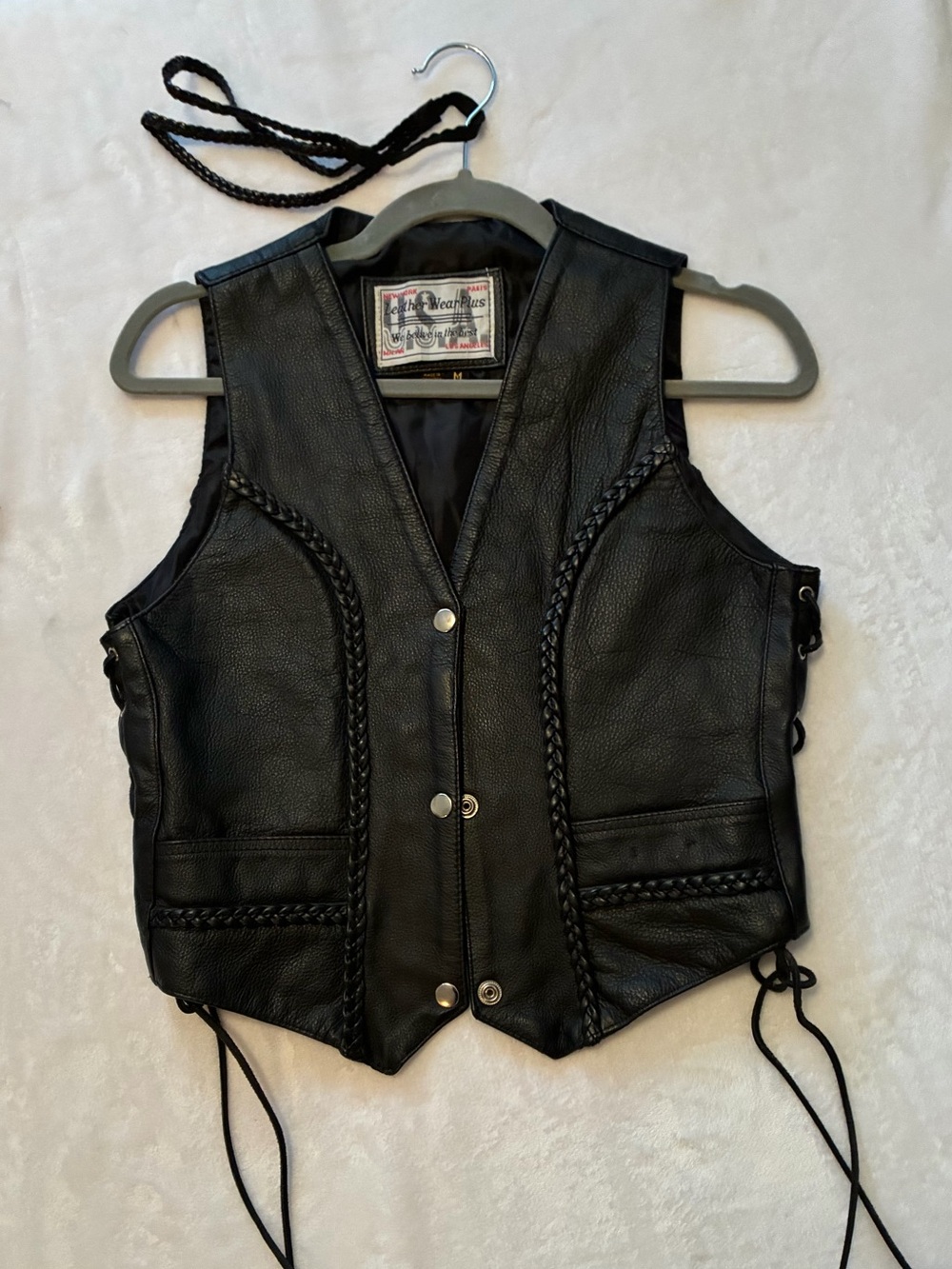 Vintage Black Leather Braided Biker Vest With Headband